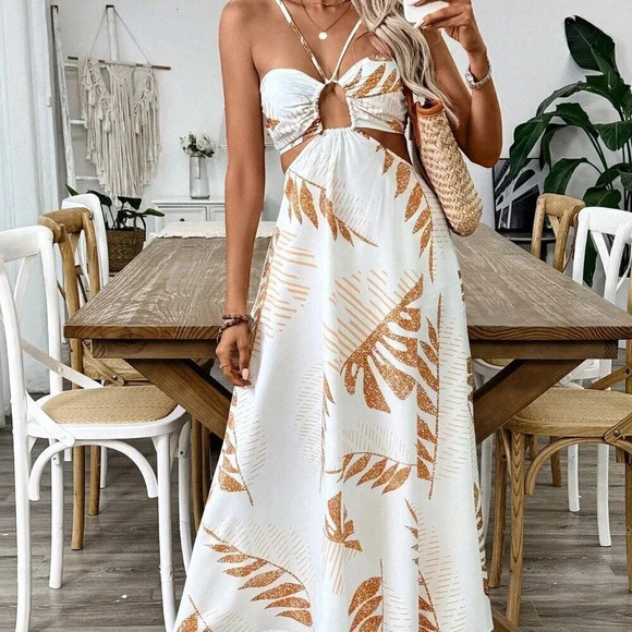 Multicolor Boho Women's Tropical Hollow Out Backless Halter Maxi Beach Dress - Picture 5 of 5